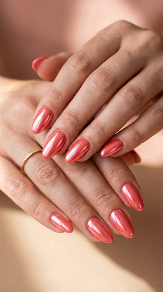Coral Pink Chrome Gel Nails