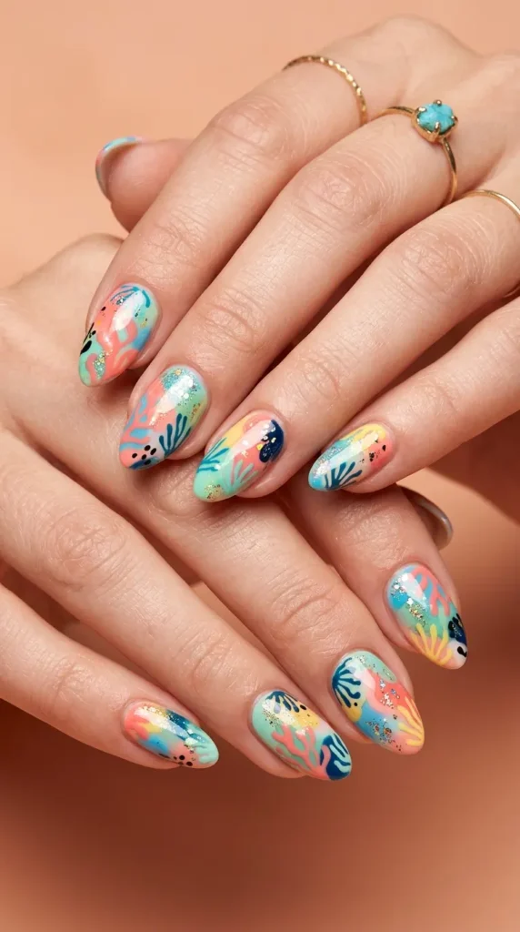 Coral reef abstract art nails