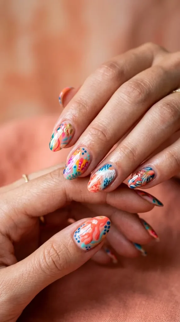 Coral reef inspired abstract nail art