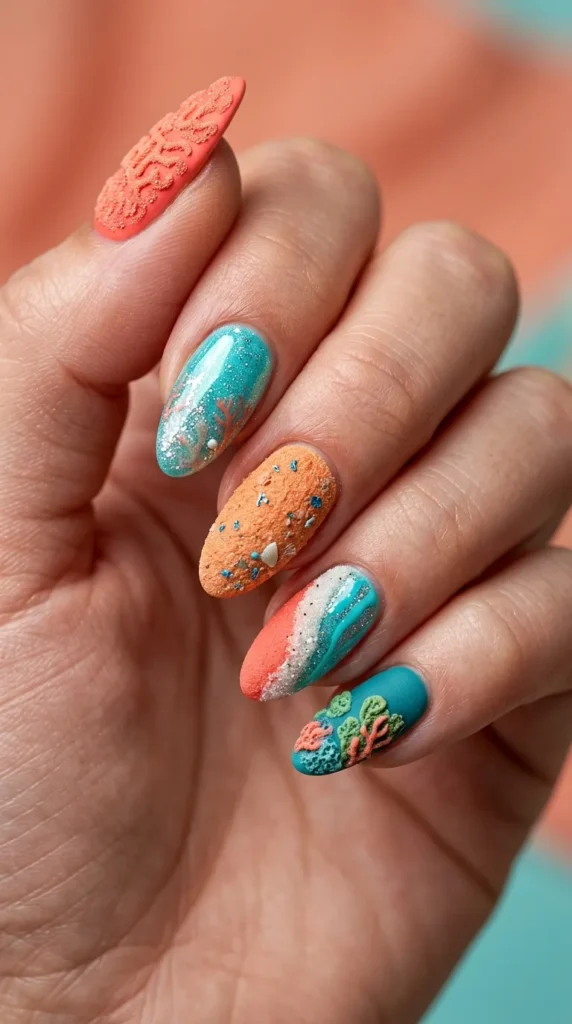 Coral Reef Inspired Mixed Texture Nails