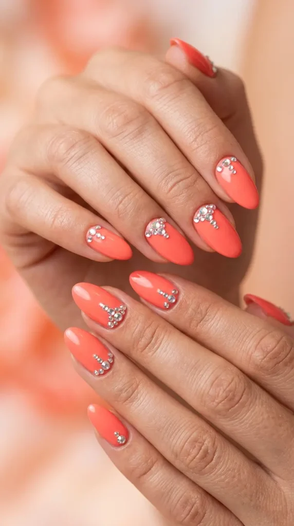 Coral Rhinestone Nails