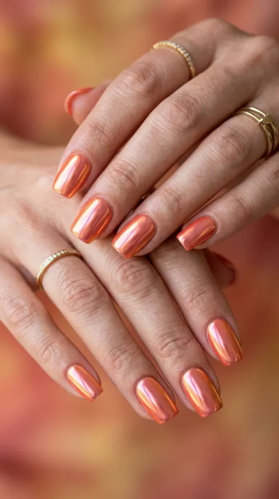 Coral Sunset Chrome Nails