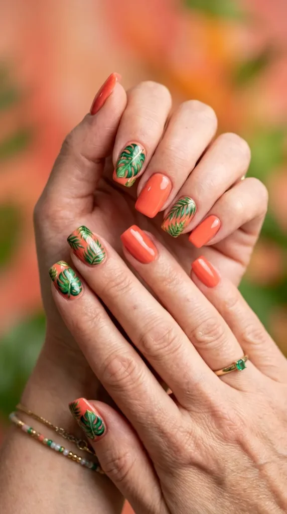 Coral Tropical Leaf Nails