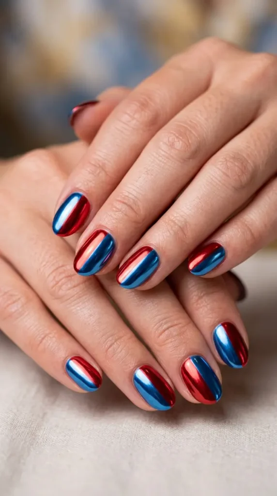 Diagonal split nails in red and blue chrome