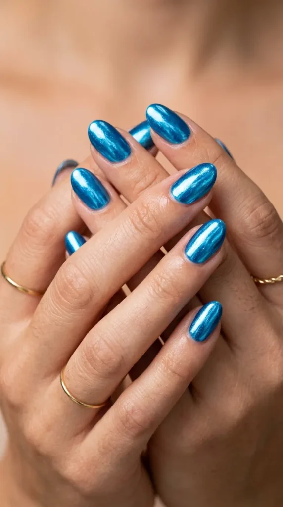Electric blue chrome glossy nails