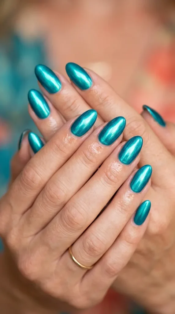 Electric teal metallic nails