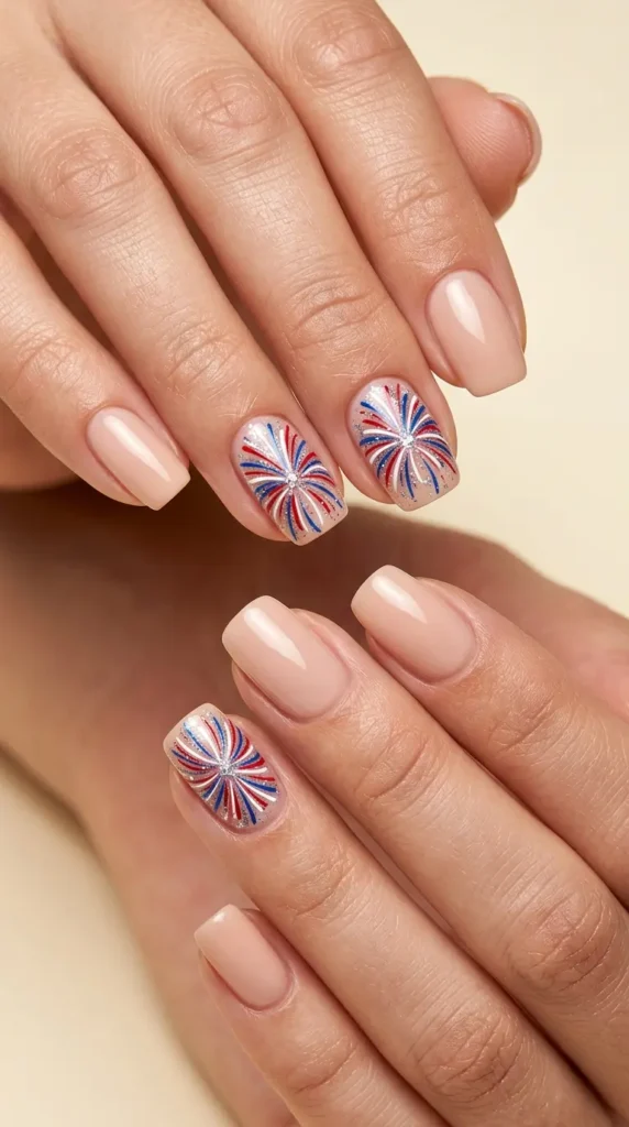 Firework burst accent nails over nude base