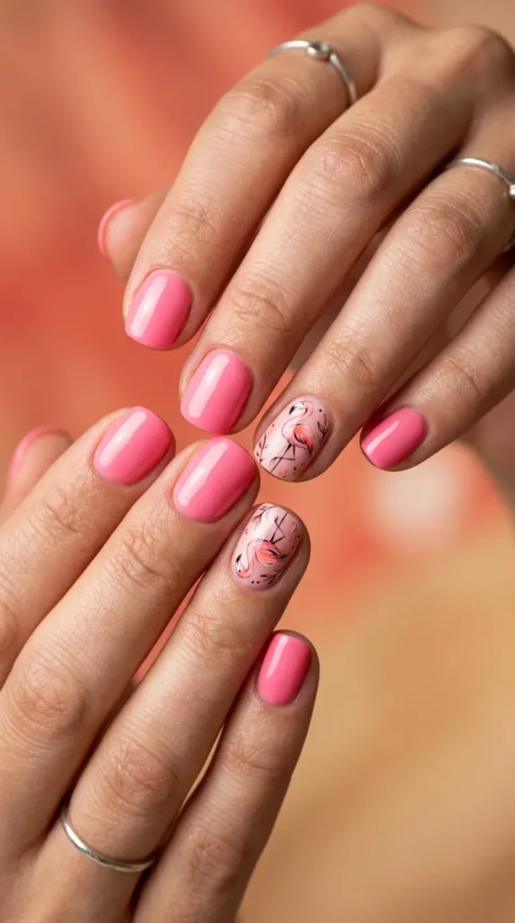 Flamingo pink nails with tiny bird art accents