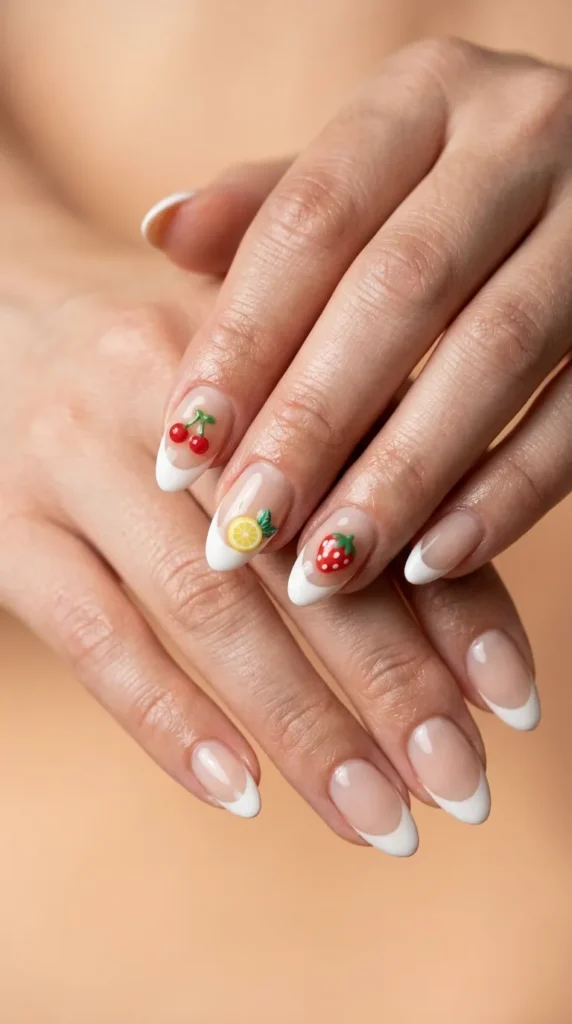 French Tips With Fruit Charms (Cherry, Lemon, Strawberry)