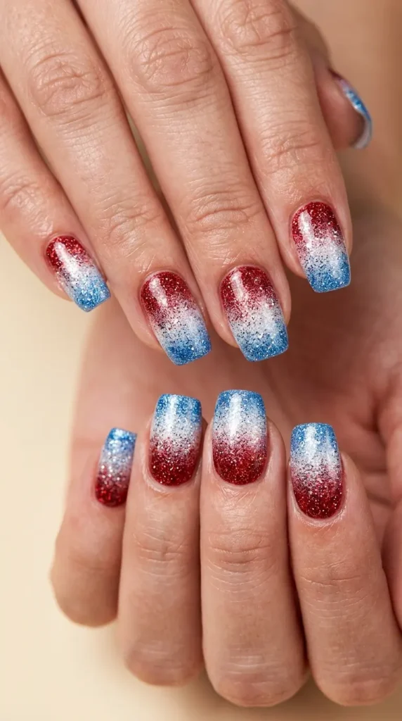 Glitter gradient nails in red, white, and blue