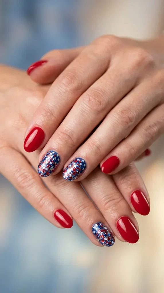 glitter-heavy accent nails with subtle flag base