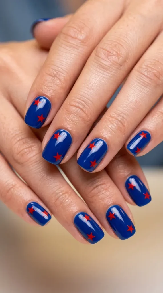 Glossy blue nails with red star decals