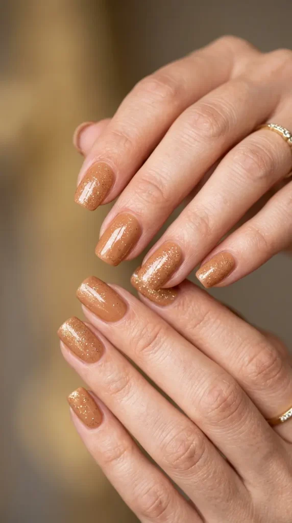 Glossy caramel nude with micro glitter overlay
