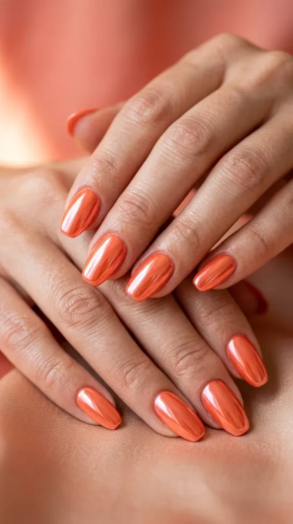 Glossy Coral Chrome Nails