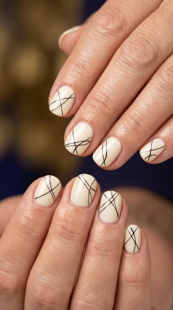 Glossy ivory nails with abstract black micro lines