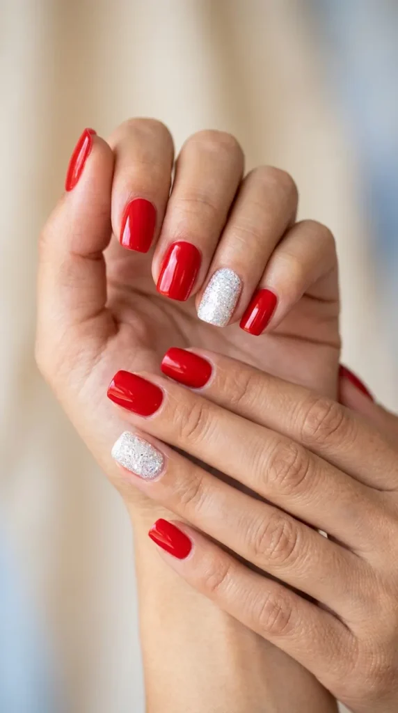 Glossy red nails with one white glitter accent finger