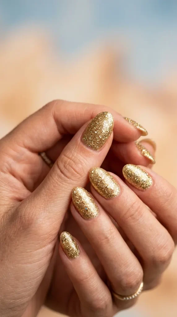Gold sand glitter beach nails