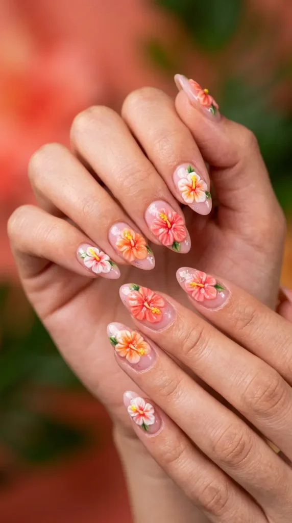 Hibiscus flower 3D nail art with glossy finish