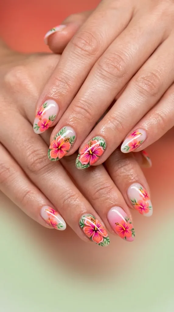 Hibiscus tropical floral nails