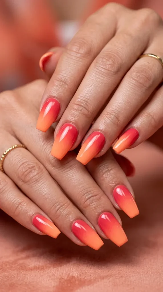 Hot coral gradient coffin nails
