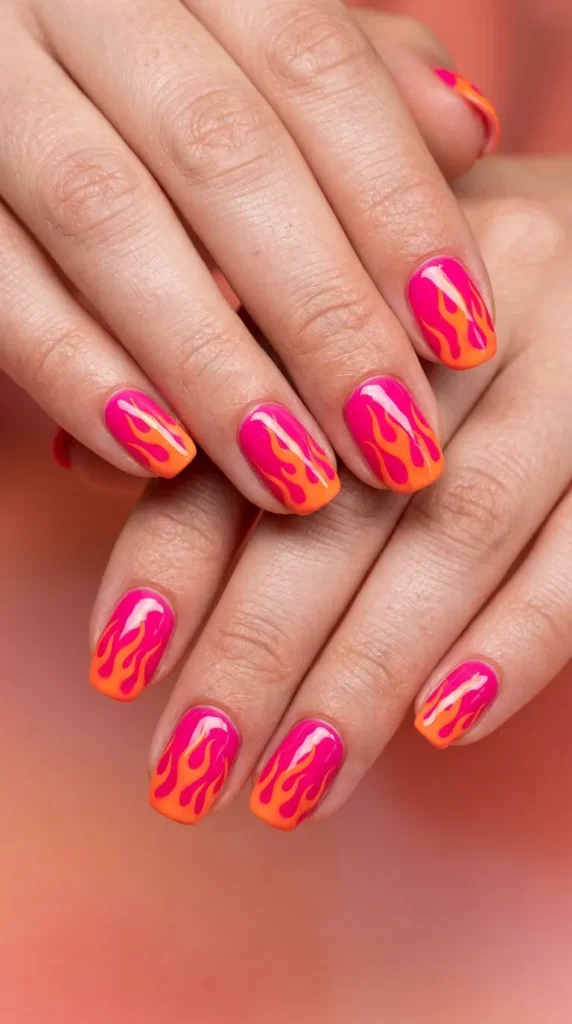 Hot pink + orange flame nail design