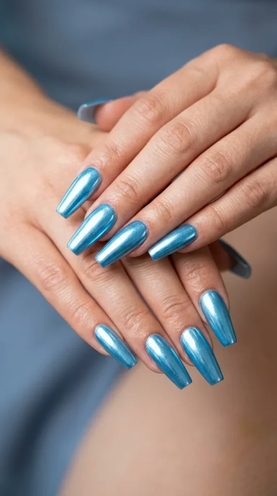 Ice Blue Chrome Coffin Nails