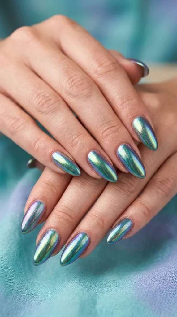 Iridescent mermaid chrome nails