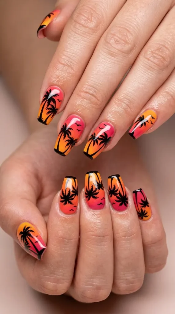 Island sunset palm silhouette nails