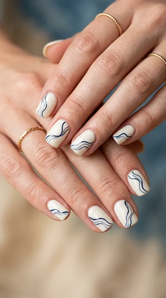 Ivory nails with minimalist wave line art