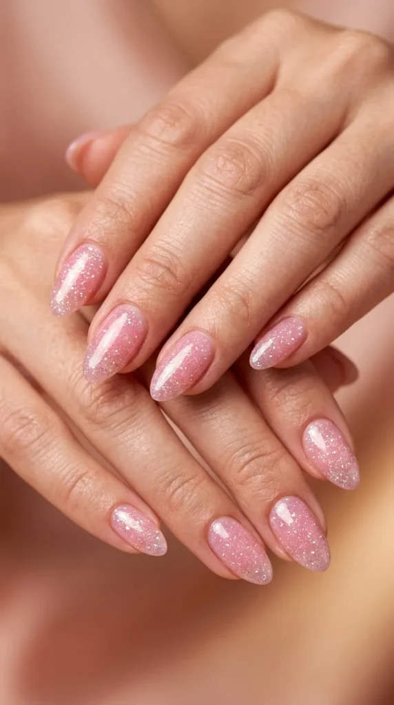 Jelly Pink Translucent Nails With Glitter