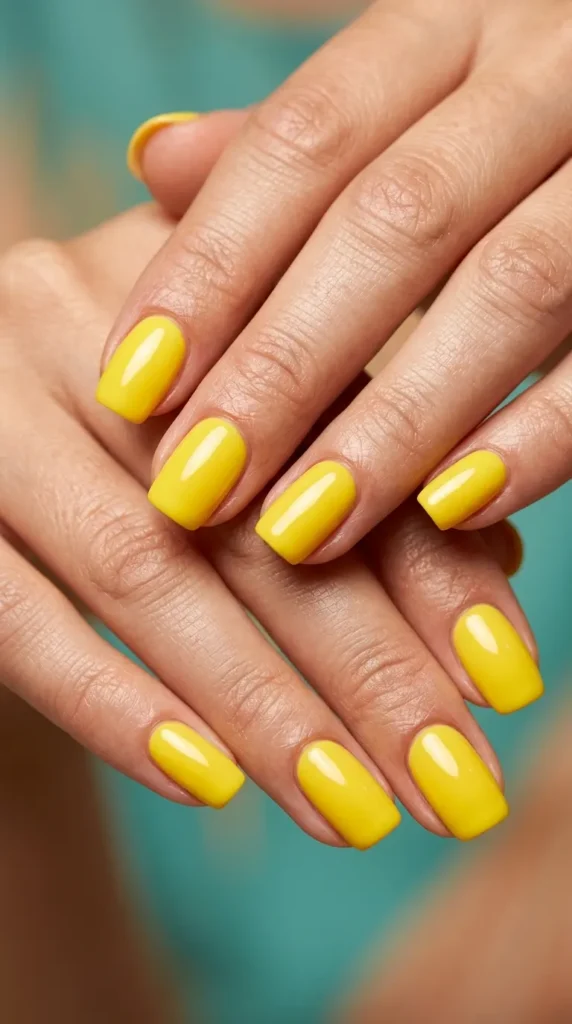 Lemon yellow summer pop nails with glossy finish