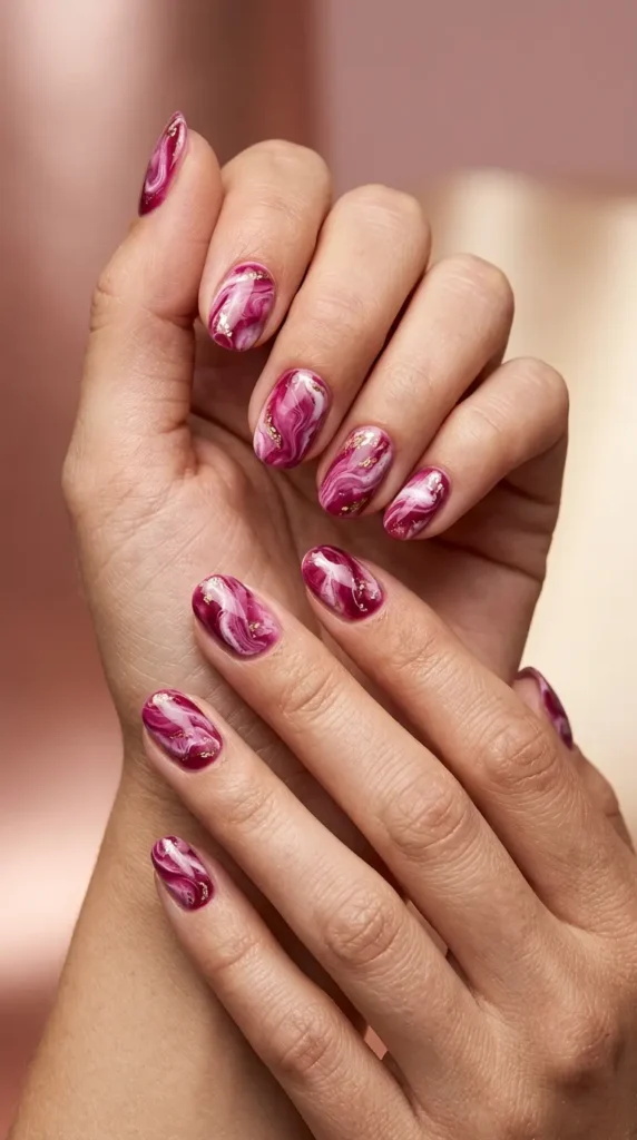 Magenta marble swirl nails