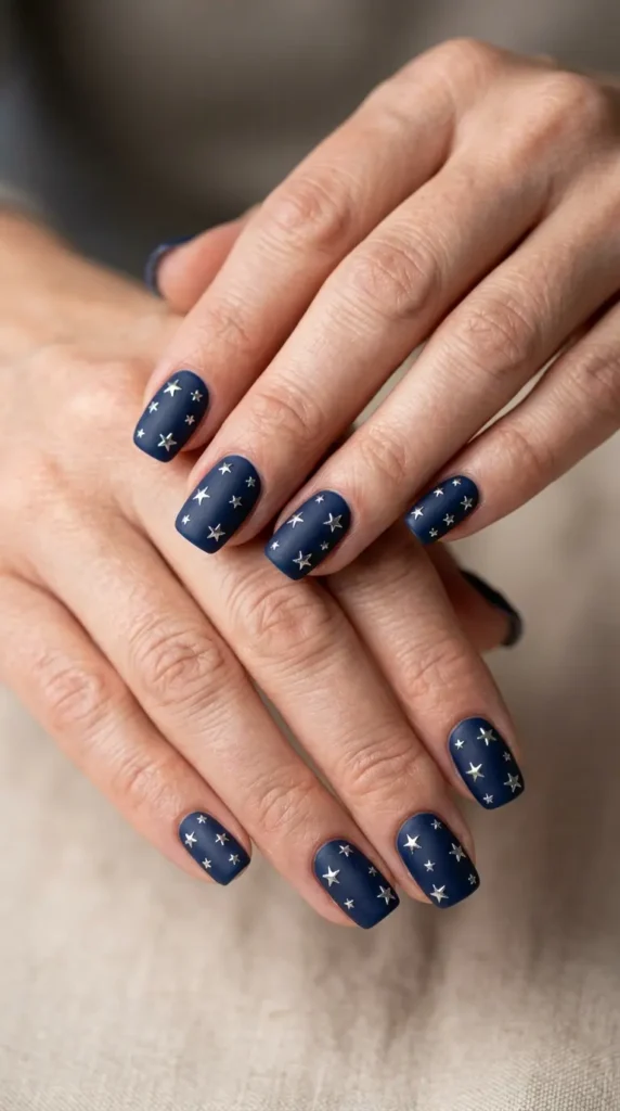 Matte navy nails with silver star studs