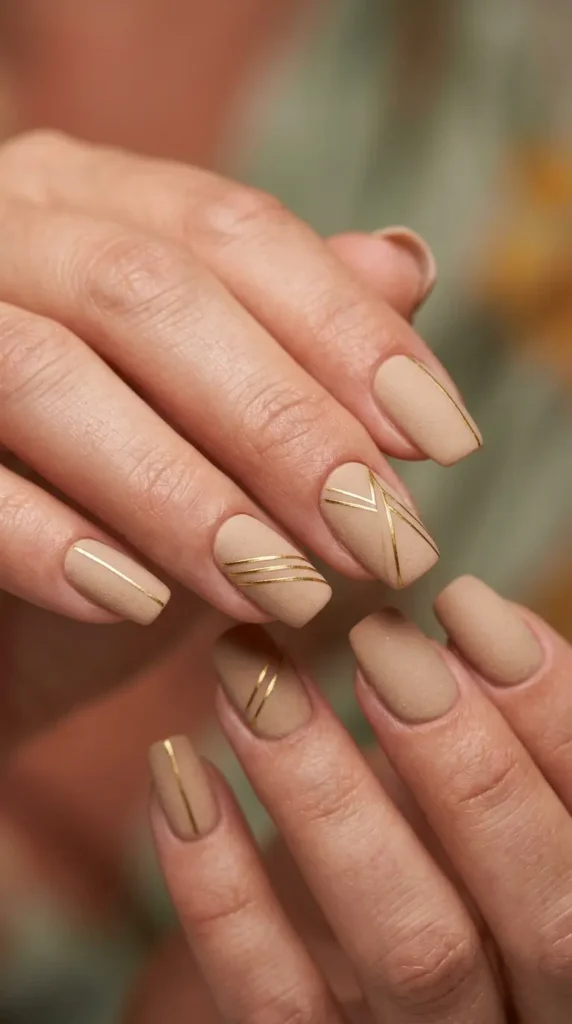 Matte sand beige nails with gold line art