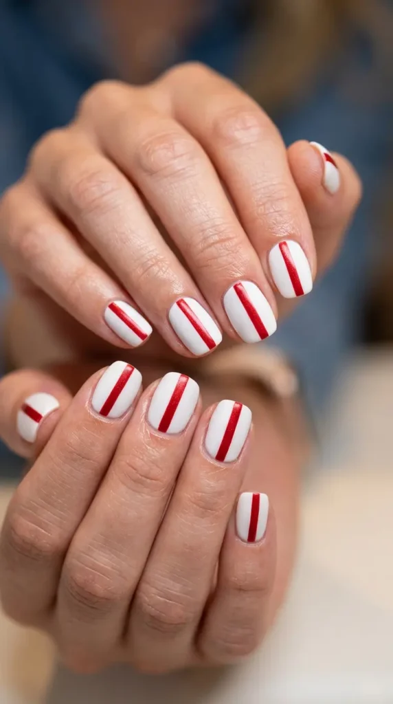 Matte white nails with bold red stripe accent