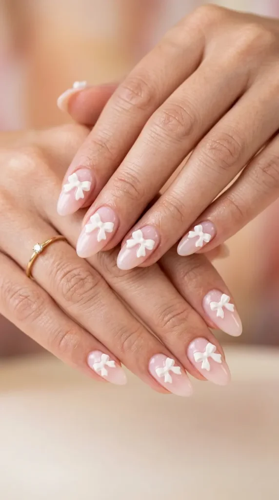 Milky pink nails with 3D micro bows