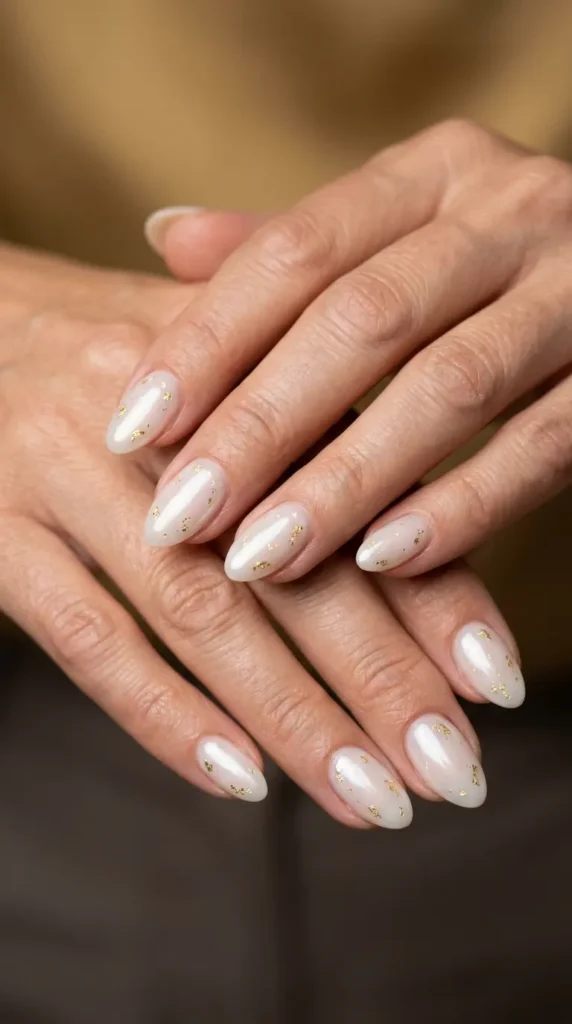 Milky white glazed donut nails with subtle gold flakes