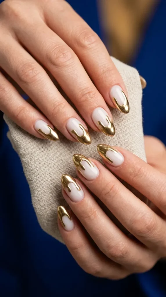 Milky white nails with gold chrome drip design