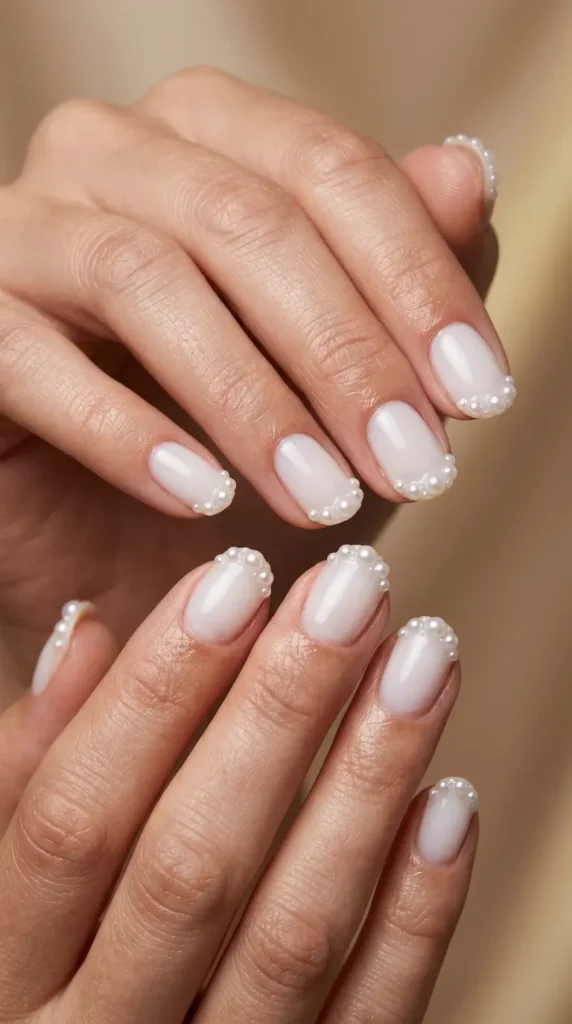 Milky white nails with pearl French tips