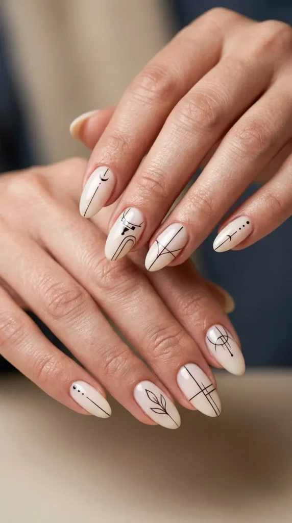 Minimal ivory nails with thin black line art