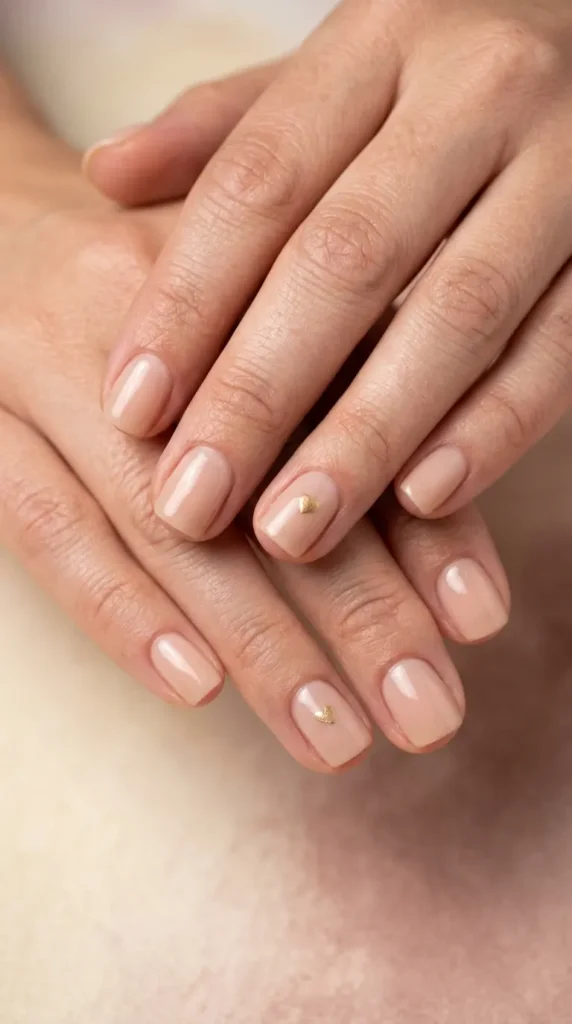 Minimal nude nails with micro heart accents
