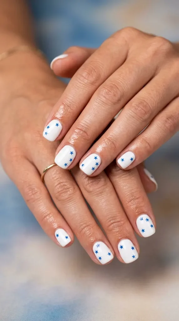 Minimal white nails with tiny blue star decals