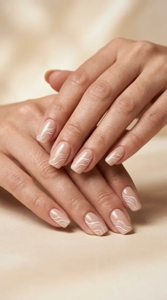 Minimal white wave line nails on nude base
