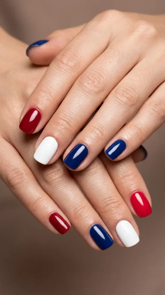 Mixed manicure: each nail in solid patriotic color