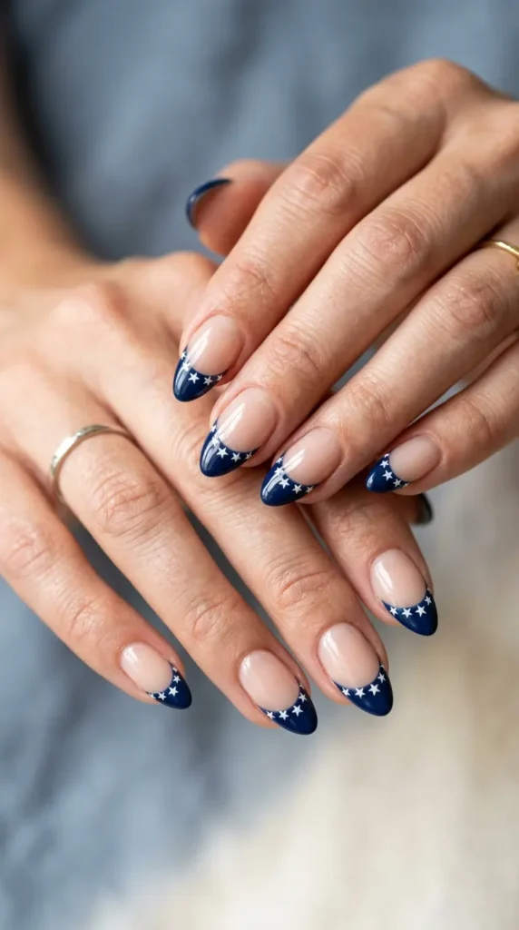 Navy French tips with tiny white star edges