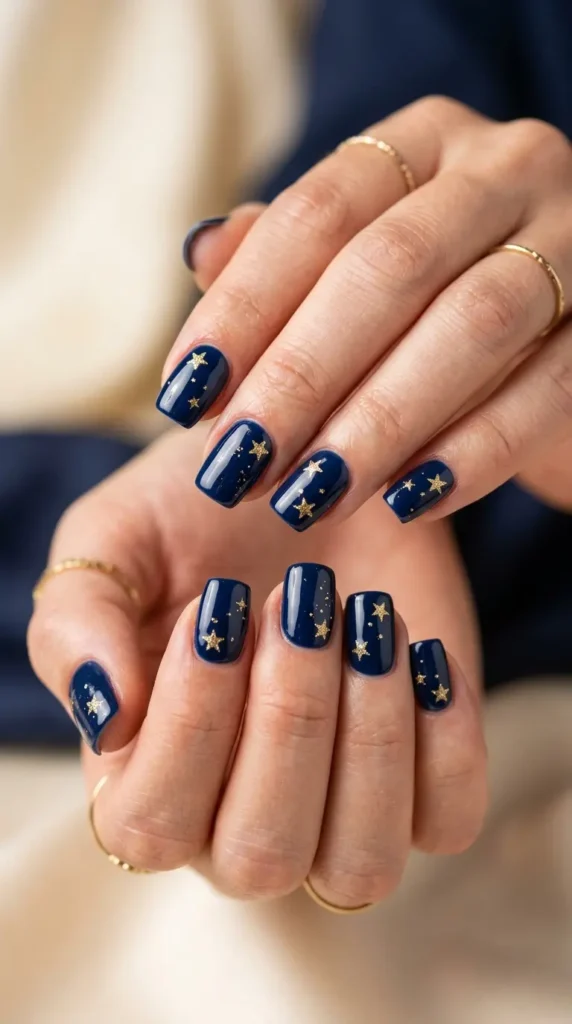 Navy nails with gold star accents (elevated patriotic)