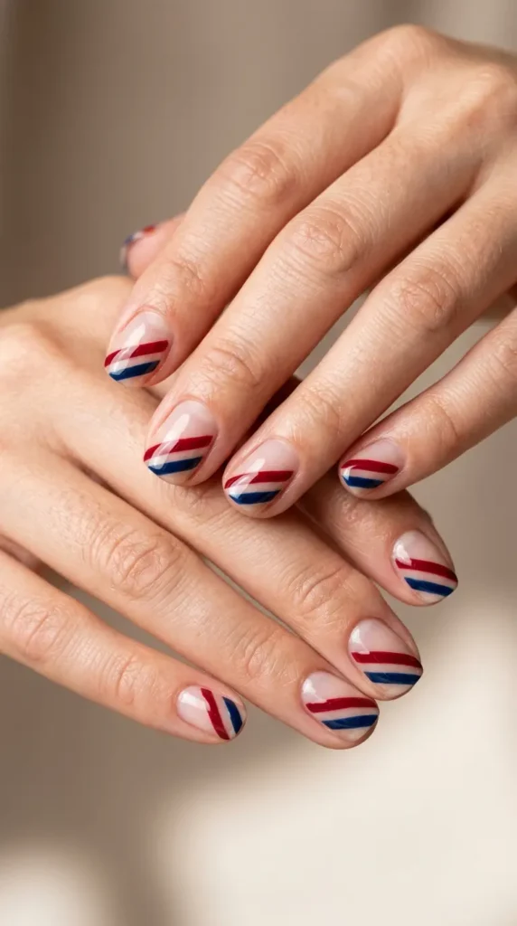 Negative space nails with diagonal flag stripes