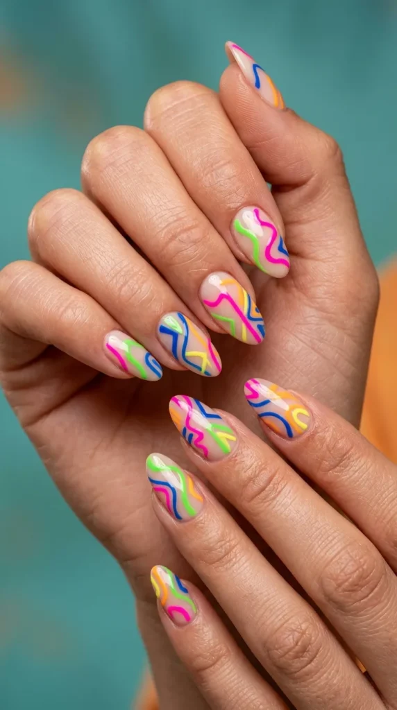 Neon Abstract Line Art Nails