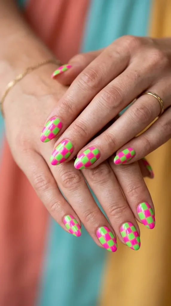 Neon checkerboard pattern nails