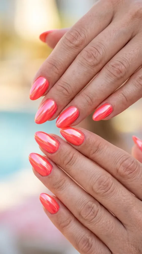 Neon coral chrome nails